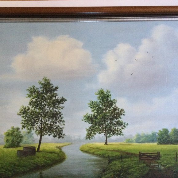 Original painting landscape trees fence wall hanging 22" x 18" home decor framed - Picture 2 of 5